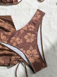 SHEIN Swim Bộ 3 món mùa hè cho nữ gồm váy lưới hoa dây buộc đi biển và bộ bikini dây mảnh - màu nâu - Xem 5