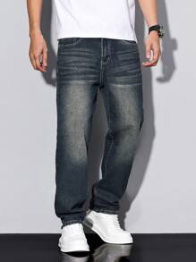 Manfinity Homme Men's Loose Fit Straight Leg Casual Jeans With Pockets - Blue - View 4