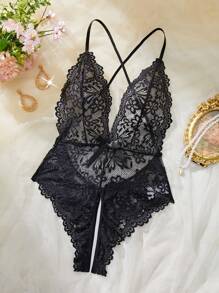 SHEIN Body lencero con escote de encaje floral y recorte de puntilla, look de chica mala - Negro - Ver 3