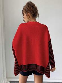 Chiquease Casual Contrast Color Striped Batwing Sleeve Sweater, Autumn/Winter Knit Pullover Fall Sweater - Red - View 2