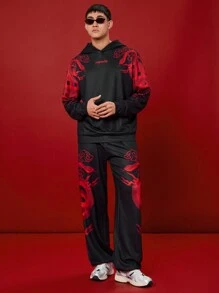 Manfinity Unisex 2pcs Set Unisex 2025 Chinese New Year Of The Snake Print Pattern Knit Loose Drop Shoulder Crew Neck Hoodie & Drawstring Waist Sweatpants, Casual Outfit