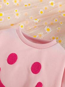 SHEIN 女婴 3D 刺绣长袖运动卫衣和松紧腰条纹裤套装 - 粉色 - 查看 3