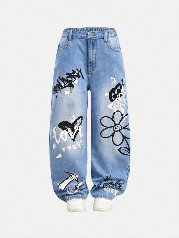Denimly Tween Girl Y2K Bold, Edgy Street Style Graphic Print Wide-Leg Jeans. "School Spirit" Versatile All-Year-Round Casual Distressed Denim Pants