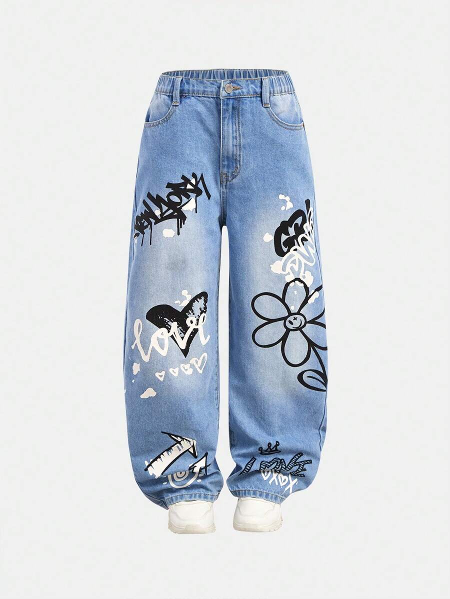 Sparklyn Denimly Girls' Y2K Bold, Avant-Garde Street Style Graphic Print Wide Leg Jeans, School Spirit All-Year Versatile Washed Comfortable Denim Fashion Item - Medium Wash - View 1
