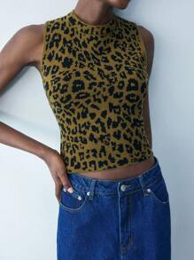 Maija Women's Autumn/Winter Sleeveless Fitted Leopard Print Knit Top,Hippie