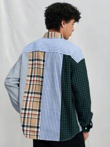 Manfinity VCAY 男士编织时尚休闲青年宽松多色拼布长袖衬衫，秋冬夹克款式 - 彩色 - 查看 2