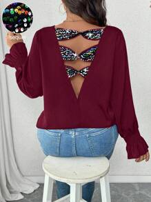 Calvaya Plus Size Women Sequin Patchwork, Bowknot Decor Back, V-Neck Crop Top, Ruffle Sleeve Blouse, Valentine's Day - Burgundy - View 6