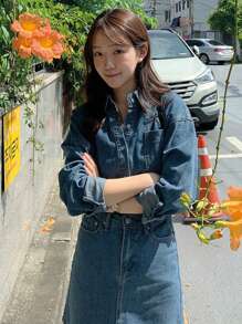 DAZY Women's Denim Loose Collared Top Shirt And Short Skirt 2 Pieces Set, Spring/Autumn - Medium Wash - View 7