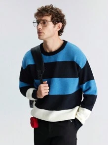 Maija 男士 2025 春季新款拼色条纹针织毛衣，简约时尚宽松长袖设计，百搭休闲日常穿着 - 彩色 - 查看 5