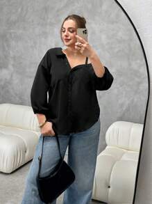 SHEIN Essnce Blusas casuales elegantes con hombro asimétrico y frío, de manga media y a rayas, para mujeres de talla grande, diseño elegante para ir al trabajo, camisas informales para maestras y mujeres que trabajan