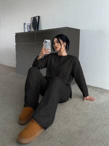 Vibekara 柔软紧身百搭休闲阔腿裤配长袖针织套装 - 黑色 - 查看 1
