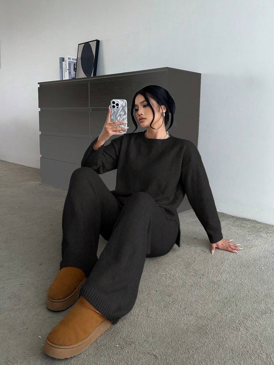 Vibekara 柔软紧身百搭休闲阔腿裤配长袖针织套装 - 黑色 - 查看 1