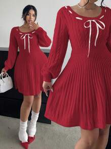 Flirla Women A-Line Drawstring Boat Neck Casual Sweater Dress, Autumn/Winter Fall Cloth For Women - Burgundy - View 1