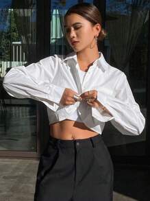 DAZY 女士字母刺绣短款长袖休闲衬衫，春夏秋装