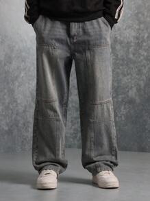SUMWON Oversized Carpenter Wide Leg Jeans Relaxed Fit Workwear Style Durable Denim Pants With Panel Details Streetwear Urban Fashion - Medium Wash - View 1