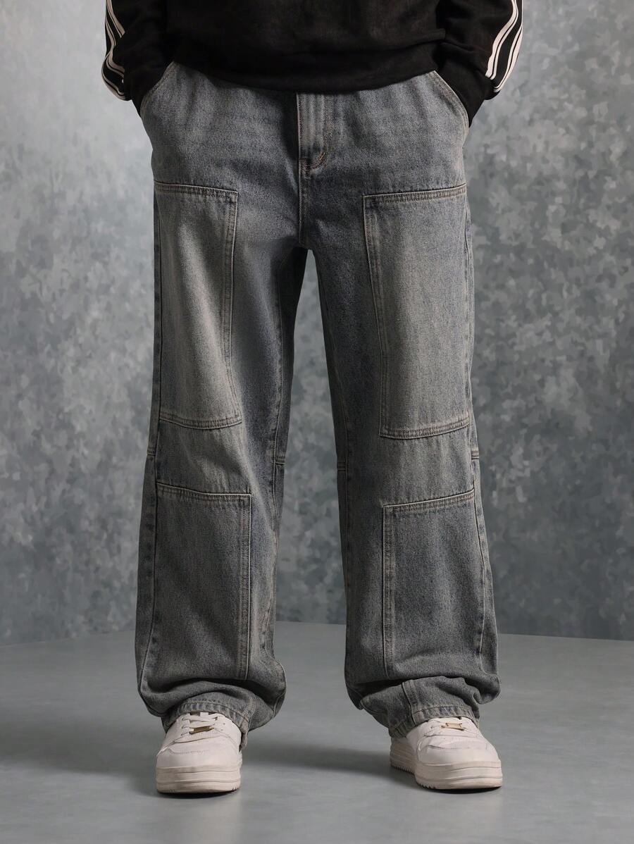 SUMWON Oversized Carpenter Wide Leg Jeans Relaxed Fit Workwear Style Durable Denim Pants With Panel Details Streetwear Urban Fashion - Medium Wash - View 1