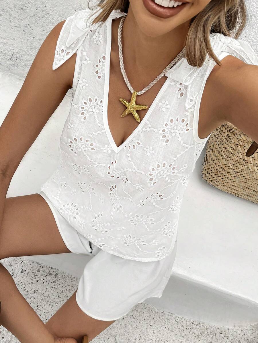 SHEIN VCAY Women's Deep V-Neck Bow Decor Tie Front Casual Vacation Textured Shirt