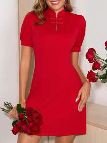 SHEIN Clasi Women's Elegant Romantic Qipao Collar Buttoned Ruched Peplum Short Sleeve A-Line Red Valentine's Day Dress