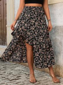 Breezaya Plus Size Women Ditsy Floral Asymmetrical Hem Vacation Skirt - Black - View 1