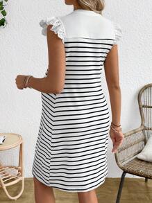 SHEIN Valentine's Day Heart Embroidery Striped Cap Sleeve Maternity Dress - Black and White - View 2