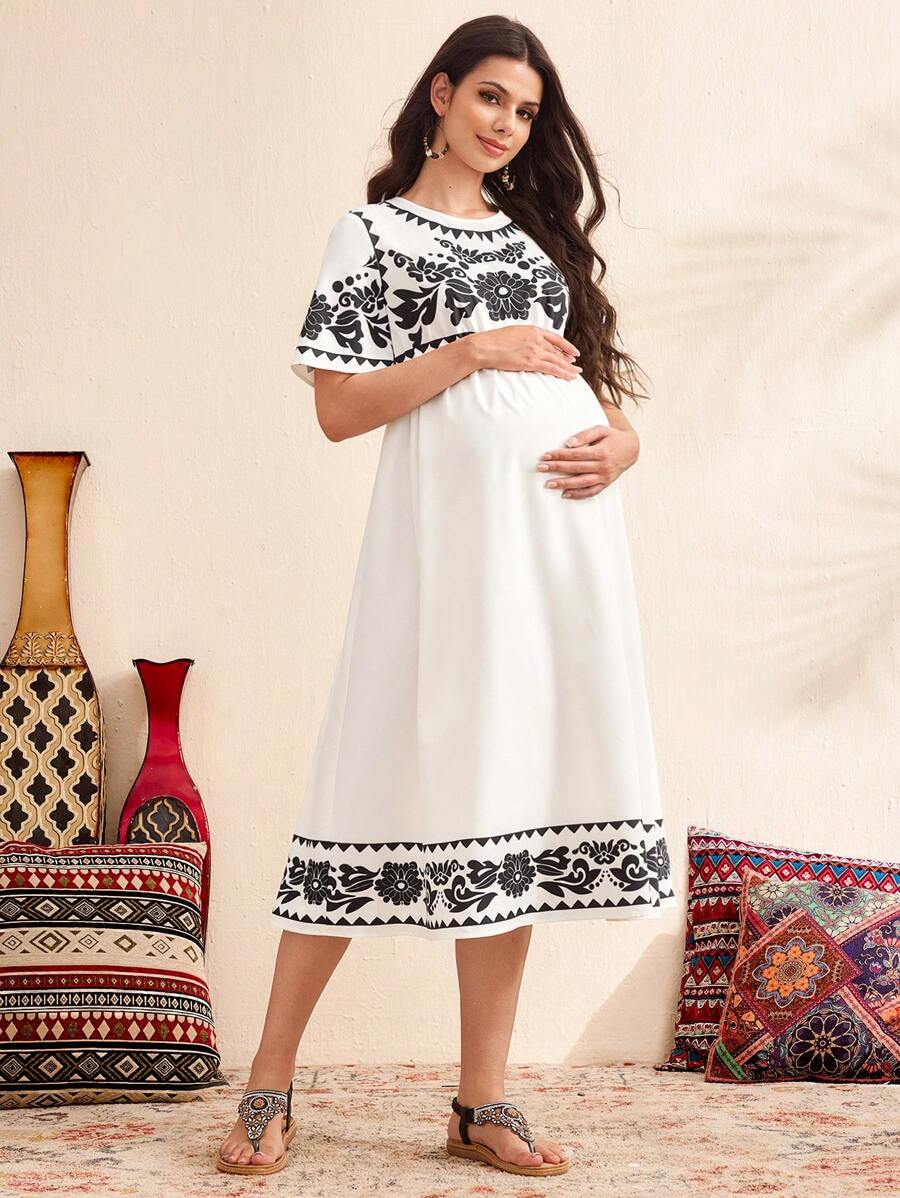 SHEIN 编织花朵印花宽松孕妇装，女士休闲白色连衣裙 - 白色 - 查看 1