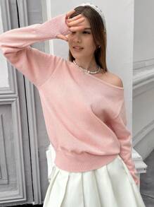 Jouncy Suéter holgado y casual de unicolor con hombro oblicuo y manga larga para mujer, apto para otoño/invierno