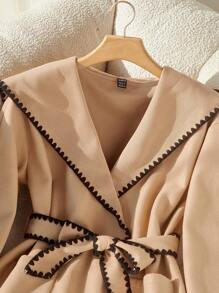 Feyla Jaqueta Casual Feminina com Bloco de Cores, Cordão Frontal e Bolso - Caqui - Visão 5