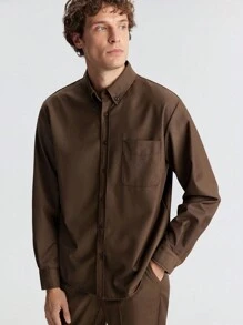 Ontre Men's Spring Brown Button-Down Long Sleeve Shirt, Fashionable Minimalist, Suitable For Valentine's Day Date, Holiday, New Year Party, Business Casual - Chocolate Brown - View 3