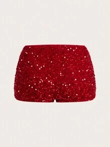SHEIN ICON Sparkly Club/Party/Back To School Season Shorts - Red - View 2
