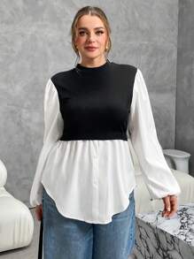 SHEIN Essnce Plus Size Color Block Ruffle Hem Crew Neck Long Sleeve Blouse For Women - Black and White - View 3