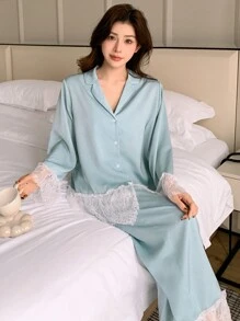 DAZY Women's Lace Patchwork Front Button Long Sleeve Casual Top And Mini Skirt Sleepwear Set Pajama - Baby Blue - View 4
