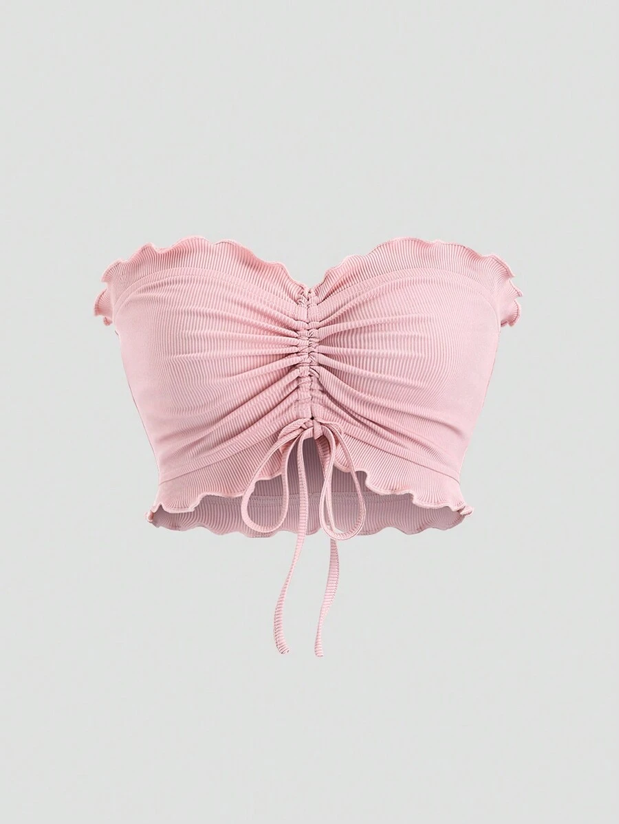SHEIN Unity Top bandeau texturizado de estilo Y2K con volantes, cordón ajustable y rosa - Rosa - Ver 1