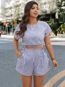 SHEIN LUNE 2pcs Women Casual Blue & White Striped Commuter Outfit Two Pieces Summer Set Summer Set Two Pieces Set Women Summer Boho Old Money Cotton