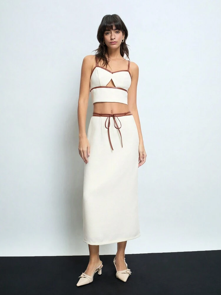 SHEIN Maija Women's New Year Contrast Color Tie Cord Thick Tweed Straight White Midi Skirt Valentine's Day,Festival