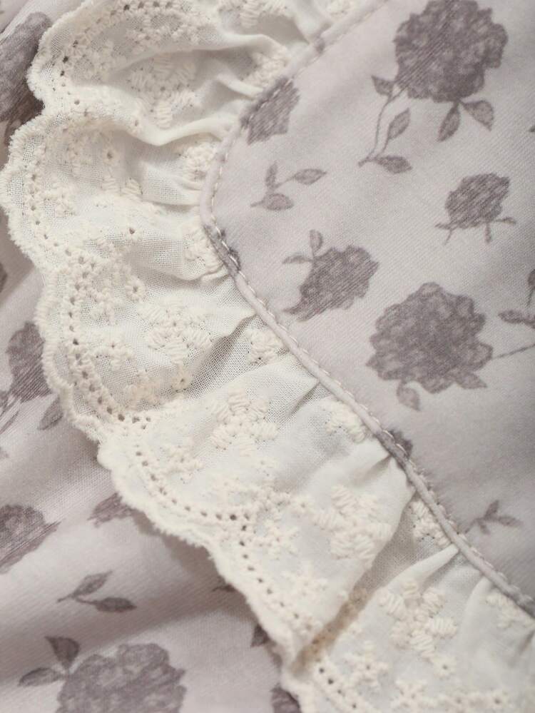 Ditsy Floral Patchwork Lace Trim Loose Long Sleeve Pants Pajama Set