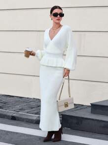 EURMUSE Chic Peplum Knit Two-Piece Set - Blush - White - View 1