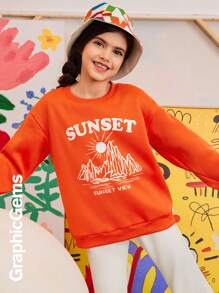 2pcs Tween Girl Round Neck Long Sleeve Letter Print Simple Top And Pants Set - Multicolor - View 1