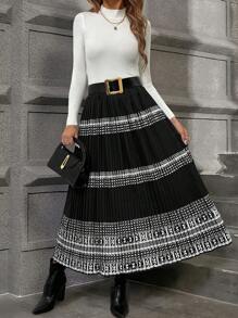 SHEIN Clasi Elegant Casual Black Geometric Patterned A-Line Skirt For Women Fall Cloth For Women - Black - View 3