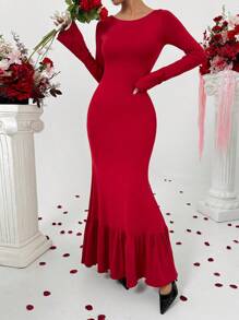 Calvaya Vestido con manga larga, hombros descubiertos, con entrelazado y volantes en color rojo para mujeres