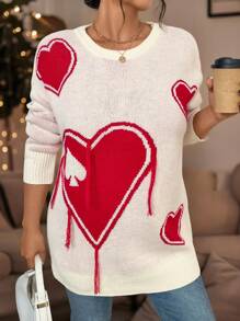 Calvaya Plus Size Valentine's Day Heart Pattern Flocked Sweater, White Background Knit Pullover Fall Winter - Beige - View 6