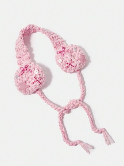 Kawaii 1pc Cream Boho Style Woven Knitted Bow & Star Decor Ear Warmers, With Tassel, Suitable For Autumn/Winter, Gift