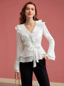 MOTF PREMIUM RUFFLE TRIM FLARE SLEEVE BLOUSE,SPRING/SUMMER - White - View 6