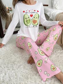 Women Avocado Pattern Print Long Sleeve Loungewear Set, Includes Blouse & Pants