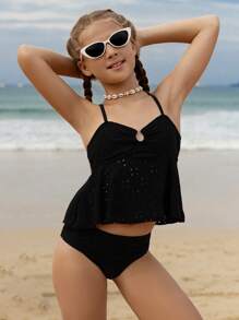 SHEIN Tween Girls Solid Color Hollow Tiered Ruffle Tankini Swimwear Set
