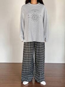 DAZY 2 Pieces Loose & Comfy Printed Pajama Set For Women, Fall Winter Clothes - Grey - View 5