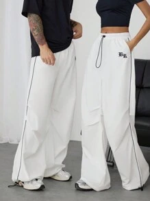 NORVETH Unisex Casual Loose Woven Wide-Leg Drawstring Waist Trousers, Sports Pants - White - View 5