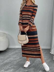 EMERY ROSE Lange, eenvoudige, casual damesjurk, mode en dagelijkse kleding - Bruin - Bekijken 6