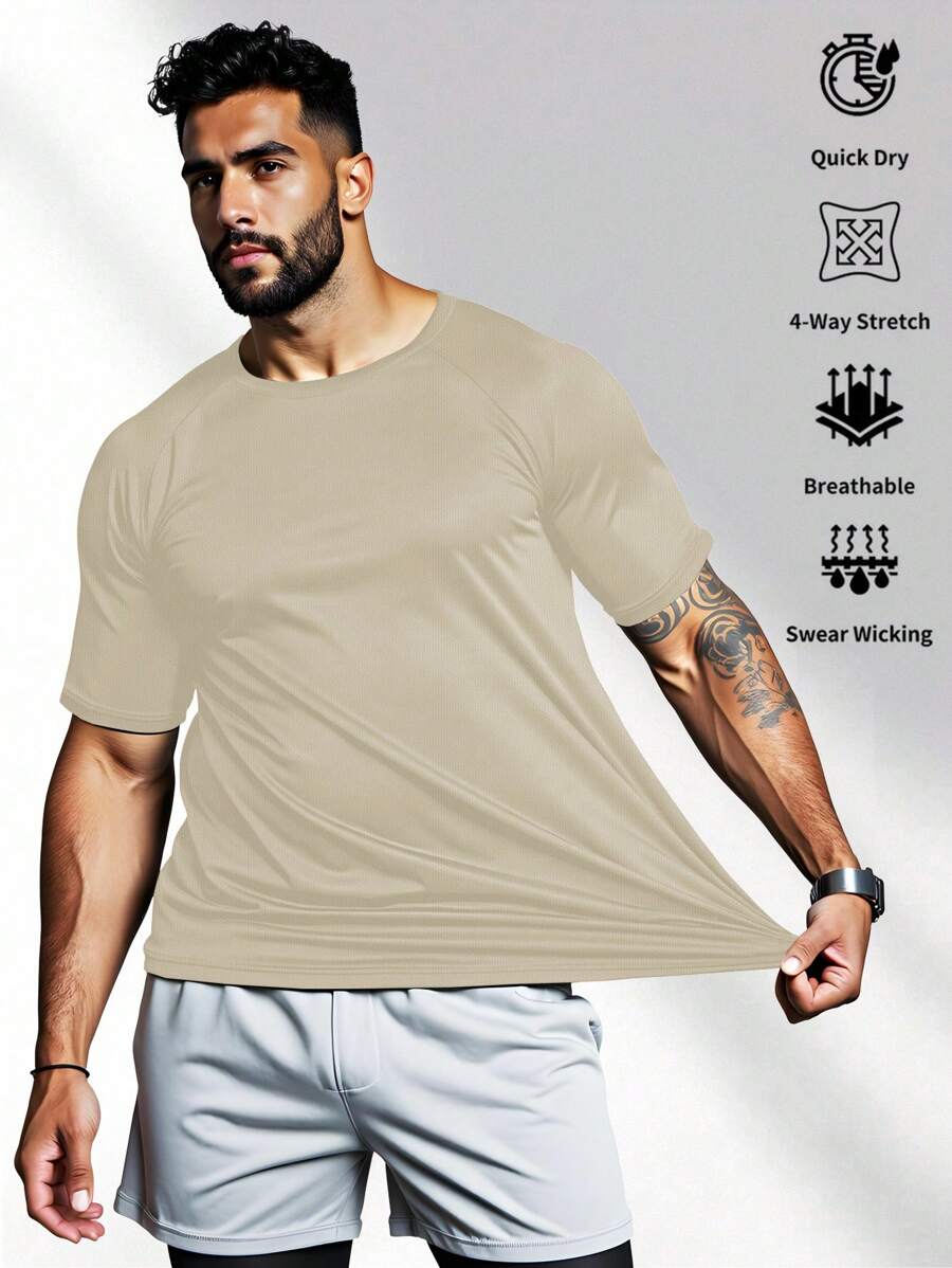 Manfinity Fitness Men's Solid Color Crew Neck Raglan Sleeve Short Sleeve Casual Sports T-Shirt - Apricot - View 1