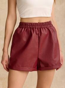 SHEIN Frenchy Women Solid Color Elastic Waist PU Leather Loose Casual Shorts