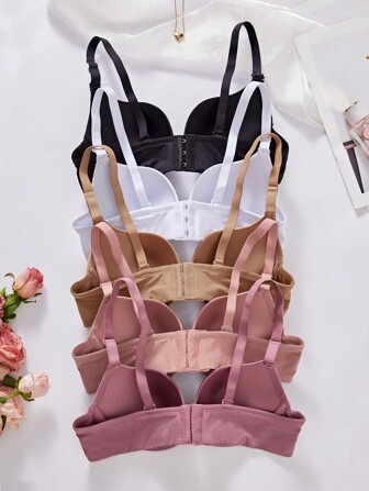 DesireSculpt 5pcs/Pack Women Casual Solid Color Detachable Shoulder Strap Soft Bow Cup Steel-Ring Support Lingerie Bra Bowknot